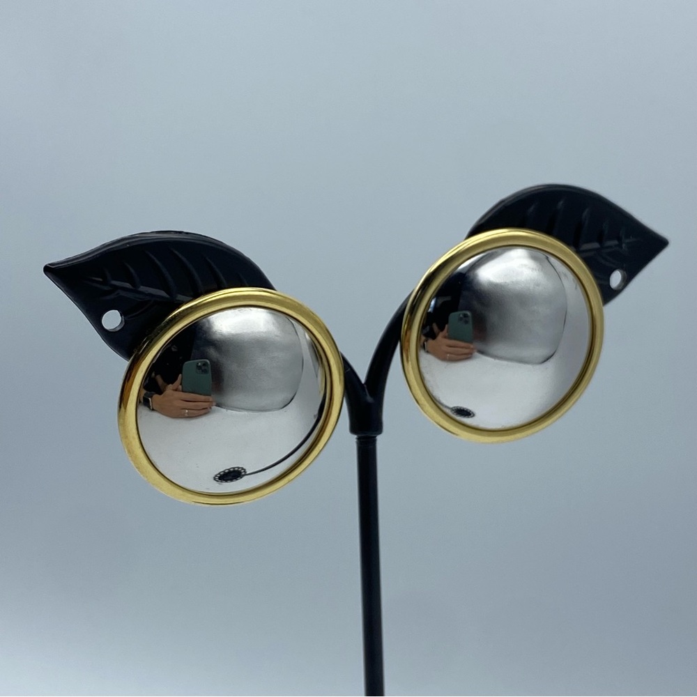 Vintage Monet Gold & Silver Tone Mirror Round Dome Pierced Earrings 1.25" Signed
